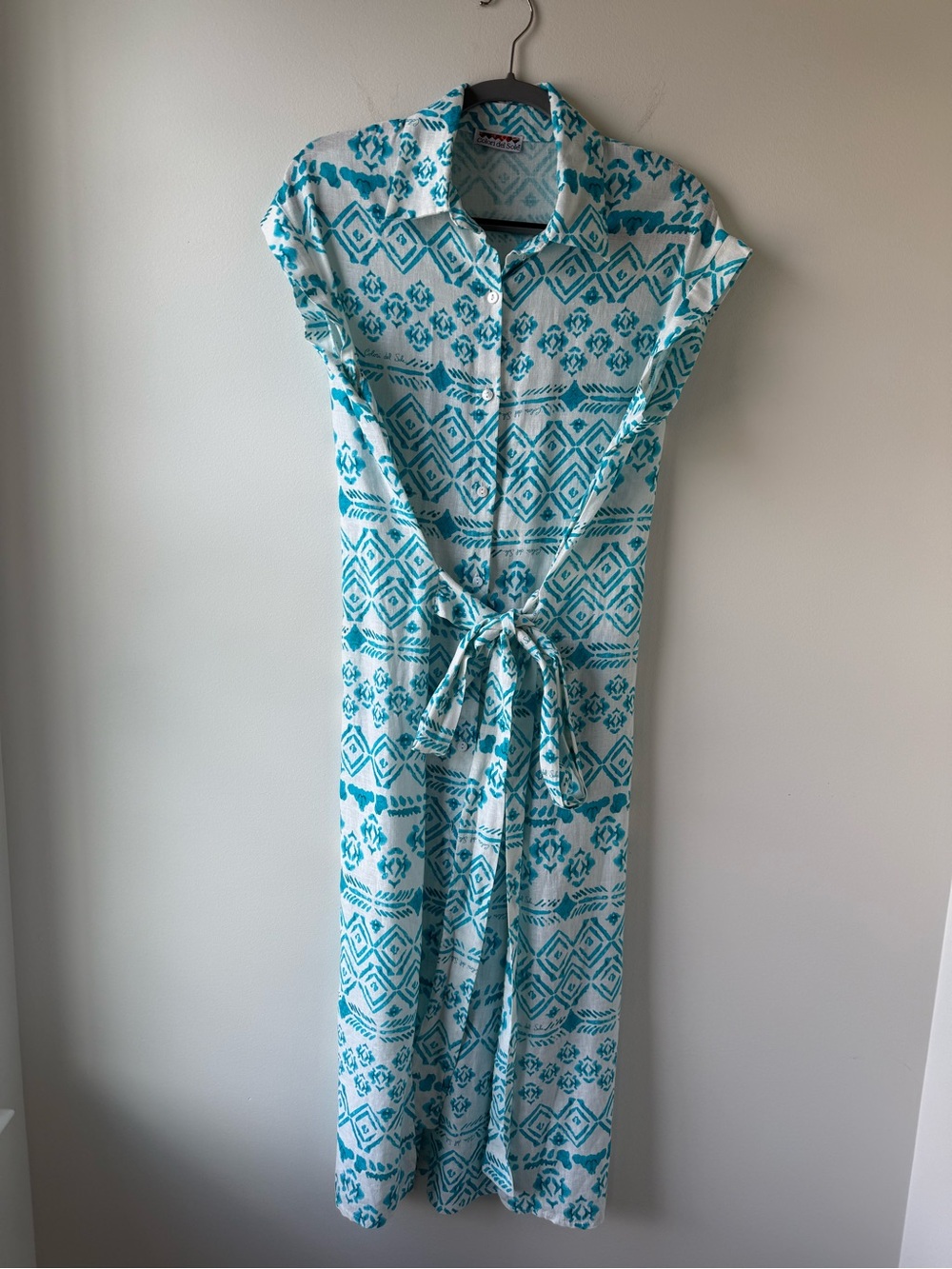 Cap-Sleeve Maxi Shirt Dress with Turquoise Geometric Print